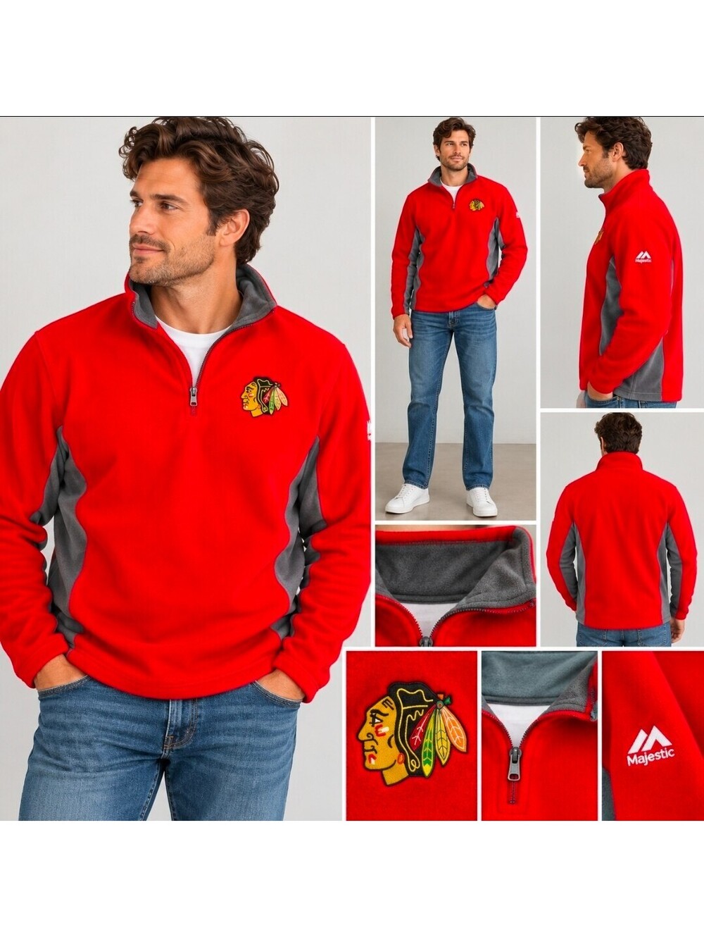 Chicago Blackhawks Majestic NHL Men’s Large 1/4 Zip Fleece Pullover Red Gray